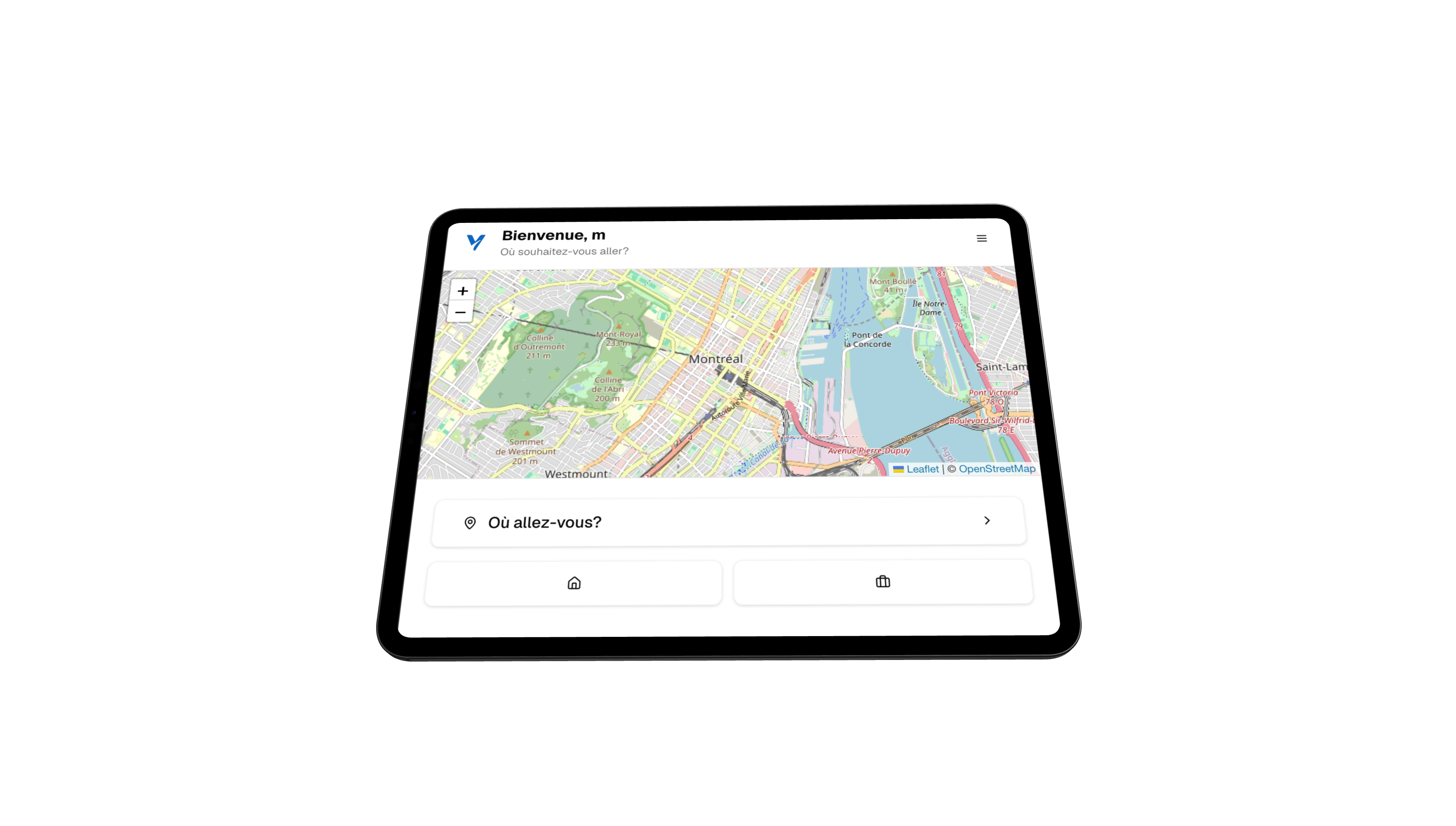 Interface de l'application Vido Taxi sur iPad - Réservation de transport